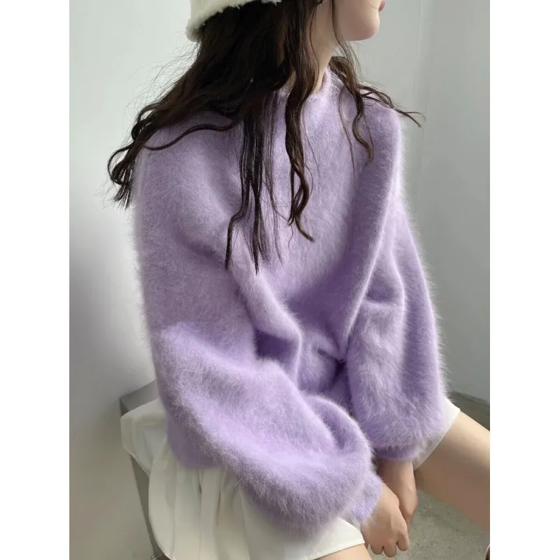 Loose Solid Color Temperament Lantern Sleeve Half Turtleneck Versatile Jumper - White