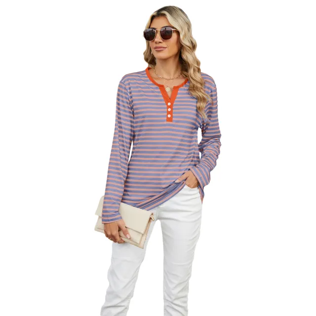 Women's V neck Striped Loose Long sleeved T shirt Top Pink - Shop at LoveMi