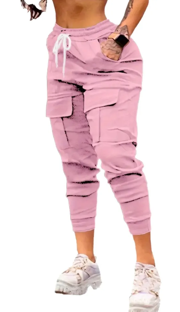 Plus Size Fashion Drawstring Bag Pocket Casual Working Pants Pink - Shop at LoveMi