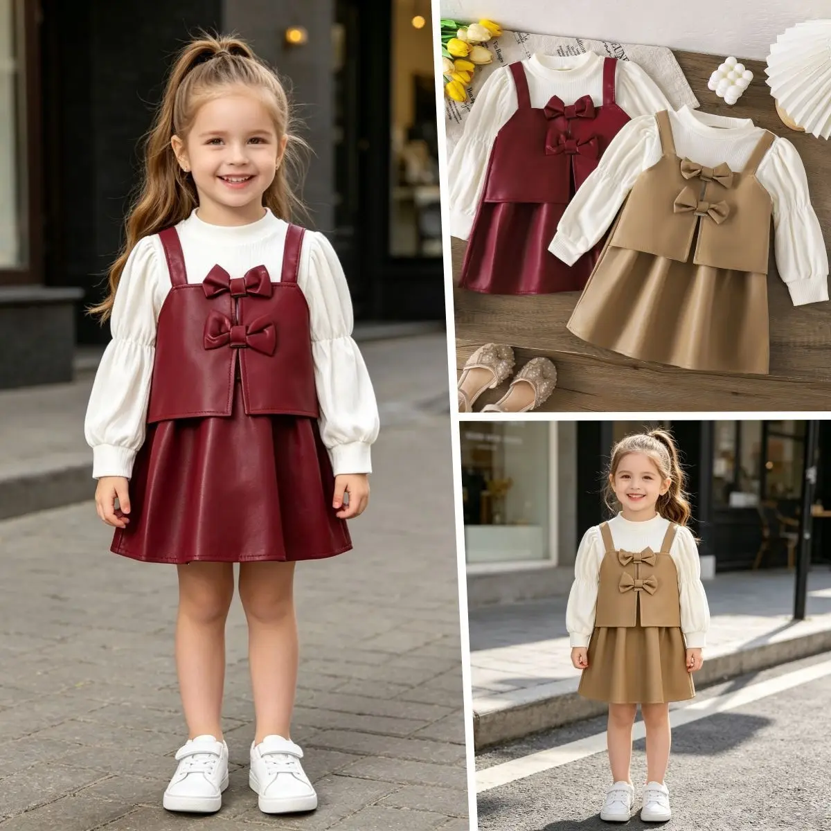 PU Leather Princess-style Long-sleeve Bow Tie Faux