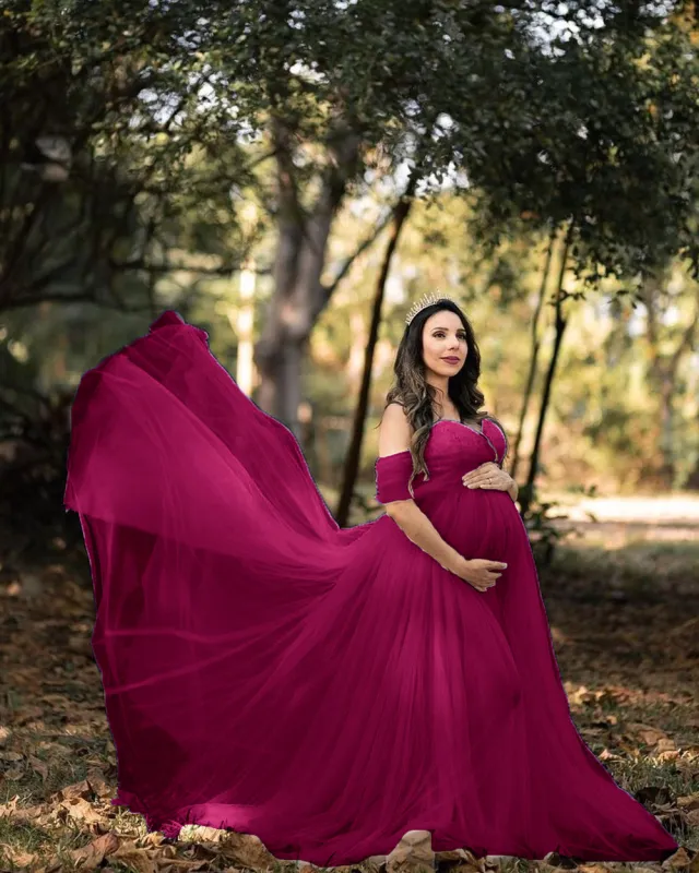Chiffon Pregnant Floating Tail Floating Sleeve Photography Dress Wine - Shop at LoveMi