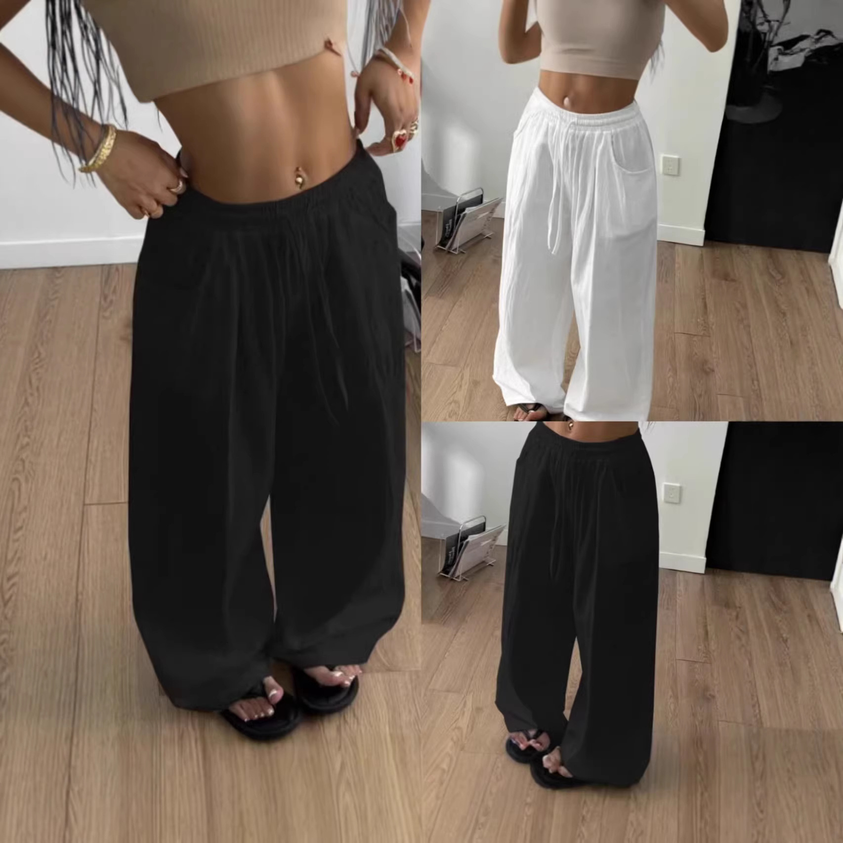 Laid-back Style High-Waist Casual All-Match Flowy Drawstring Wide-Leg Pants For...