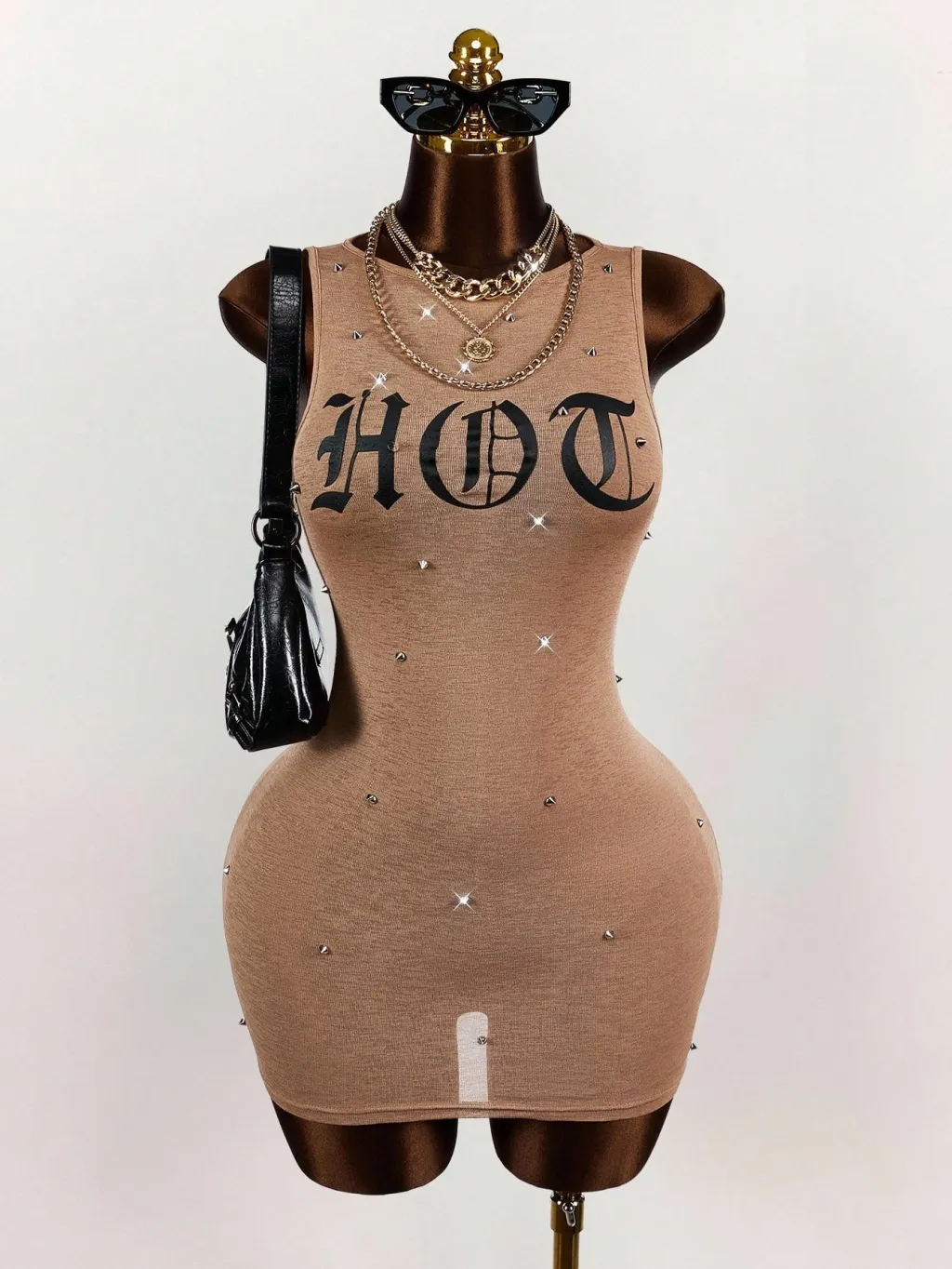 Fashionable Printed Trendy Slim-fit Sexy Waist-cinching Short Skirt Dress - Brown