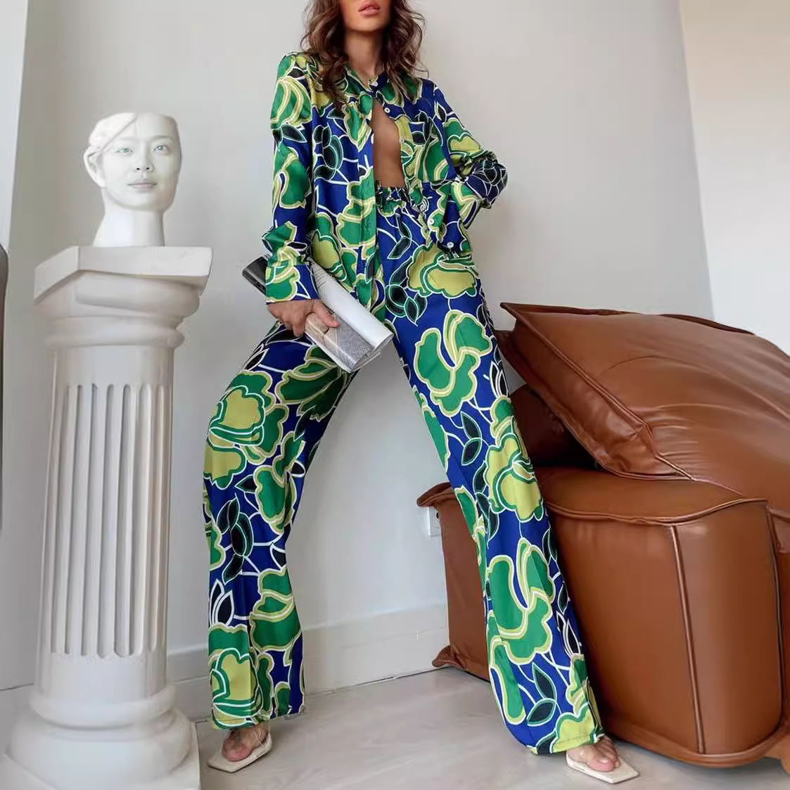 Fashion Printed Loose Long Sleeves Shirt Straight-leg Pants Spring And Autumn Women's Clothing