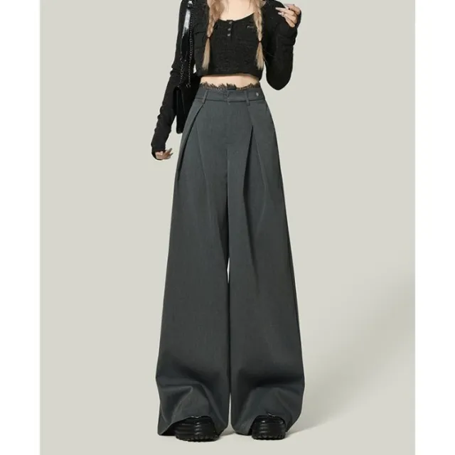 Black Lace Stitching Wide leg Casual Pants Women Gray - Shop at LoveMi