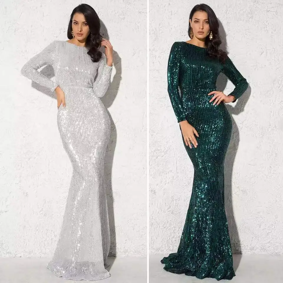 Sequined Long Sleeve Plus Size Vacation Style Dress