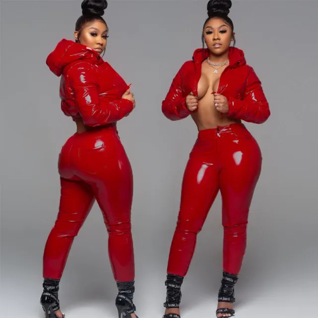 European And American Hooded Cropped Thickened Coat Hip Lifting Low Waist Casual Pants Glossy PU Suit Red Suit - Shop at LoveMi