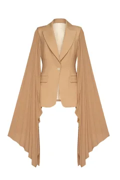 Top Women's Pleated Super Wide Loose Ruffle Sleeve Suit Jacket - Khaki - View 1
