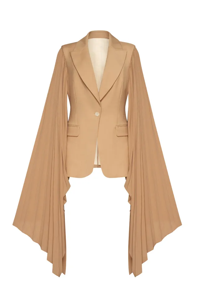 Top Women's Pleated Super Wide Loose Ruffle Sleeve Suit Jacket Khaki - Shop at LoveMi