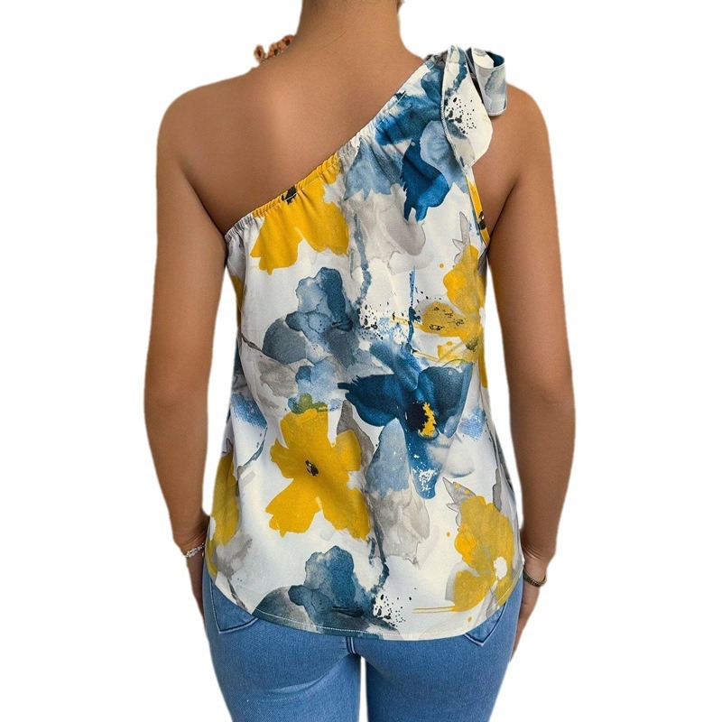 European And American Printed Off-the-shoulder Seaside Vacation Sweet Top