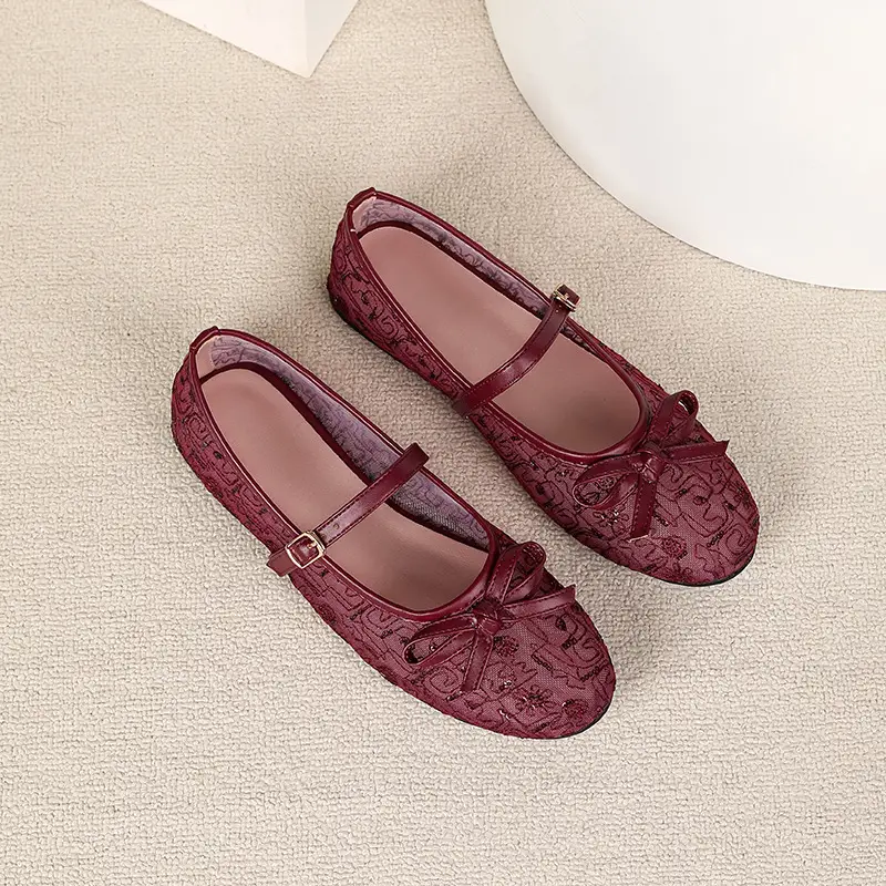 Womens Embroidered Mesh Mary Jane Flat Shoes