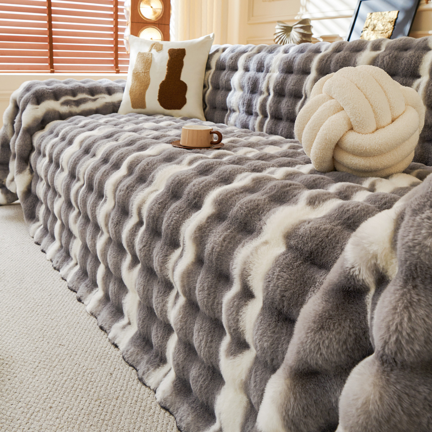 Gradient Rabbit Fur Sofa Cover Cloth
