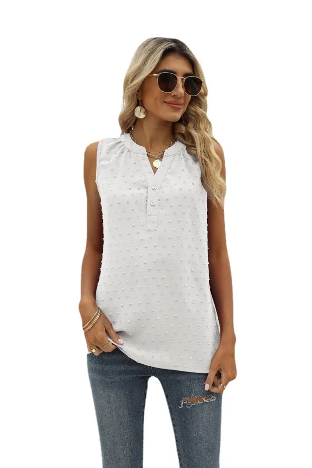 New Solid Color Chiffon Shirt Loose V neck Jacquard Sleeveless Casual Vest White - Shop at LoveMi