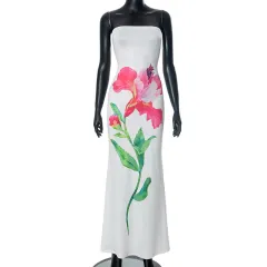 Printed Contrast Colour Backless Long Tube Top Length Dress - White - View 1