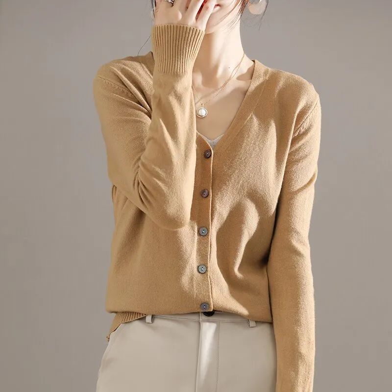 Ladies New V-neck Long Sleeve Loose Cardigan - Camel