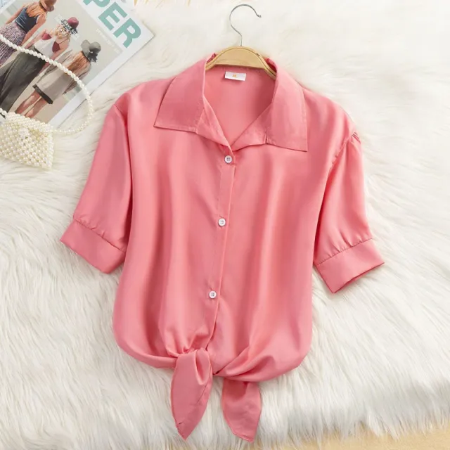Striped Thin Shirt Women's Bow Outer Tops Peach Solid Color 3Xl - Shop at LoveMi