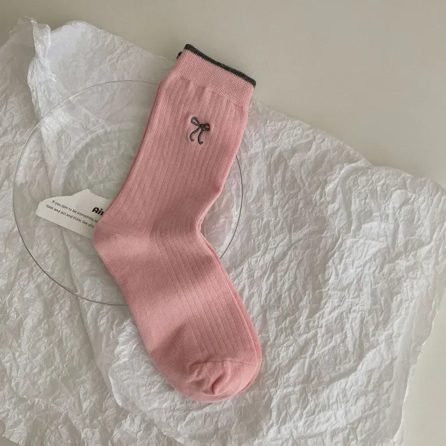 South Korea Ins Wear Blogger Color Block Embroidery Bow Bunching Socks Pink - Shop at LoveMi