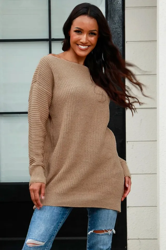 Mid length Off neck Loose Sweater Coat Khaki - Shop at LoveMi