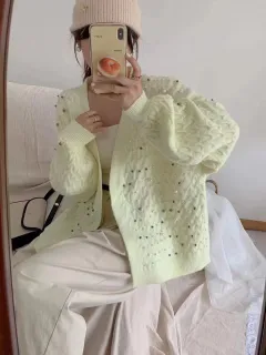 Women's V-neck Long-sleeved Vintage Beaded Sweaters Cardigan - Light Yellow - View 1