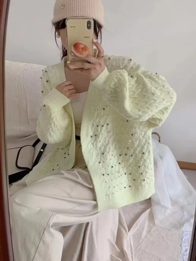 Women's V neck Long sleeved Vintage Beaded Sweaters Cardigan Light Yellow - Shop at LoveMi