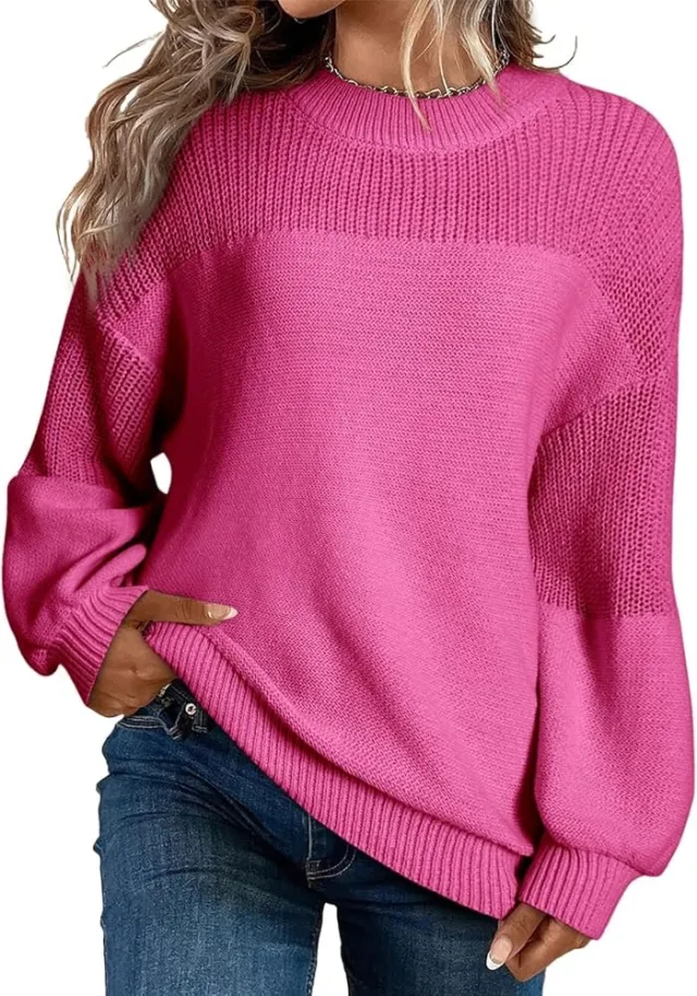 Solid Color Lantern Sleeve Pullover Round Neck Sweater Rose Red - Shop at LoveMi