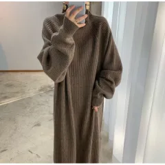 Raglan Sleeve Sunken Stripe Straight Knitted Dress Sweater - Brown - View 1