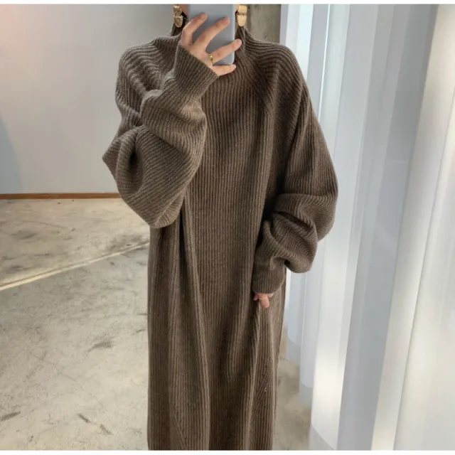 Raglan Sleeve Sunken Stripe Straight Knitted Dress Sweater Brown - Shop at LoveMi