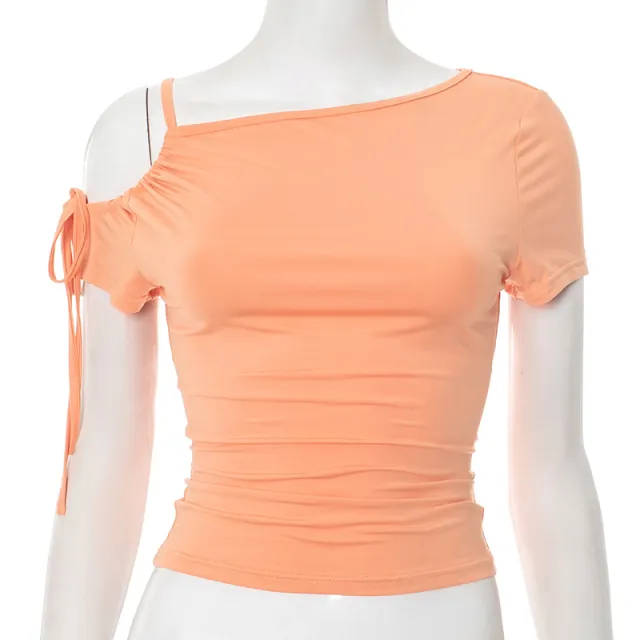 Irregular Strapless Lace up Short Sleeve T shirt Top Orange - Shop at LoveMi
