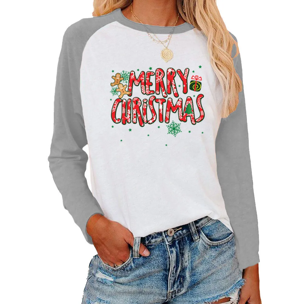 Christmas Pattern Printed Raglan Colour Contrast Long Sleeve T-shirt Women - Grey