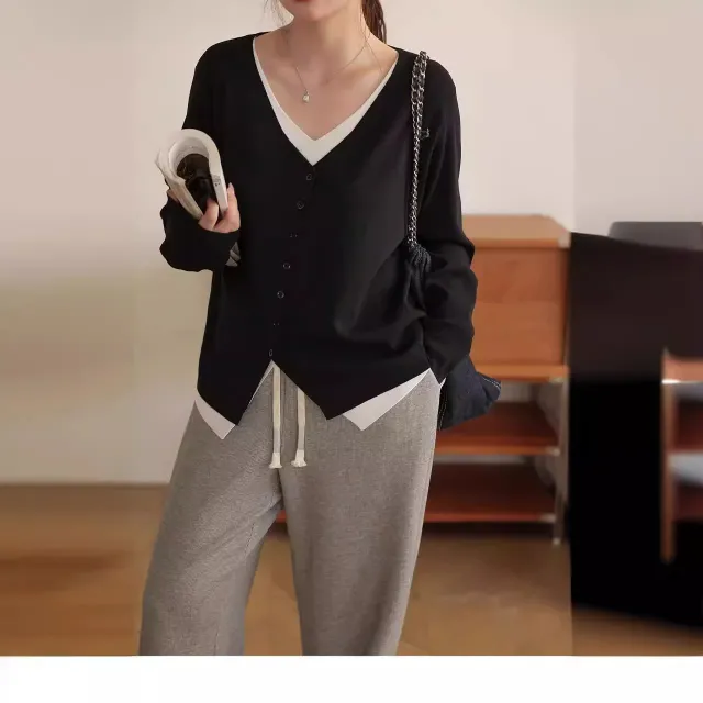 Plus size V neck Faux Two piece Asymmetrical Slant knit Sweater Black - Shop at LoveMi