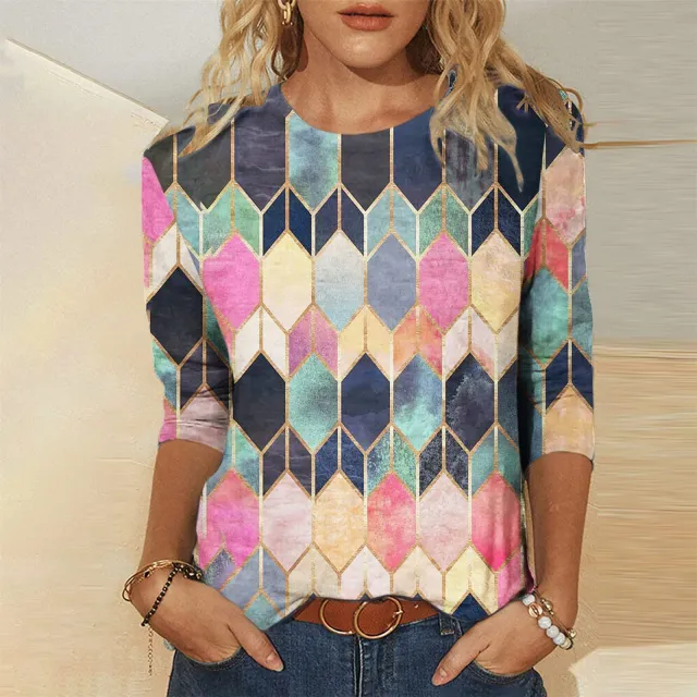 Women's Round neck Positioning Printing Mid sleeved T shirt No 16 Flower M - Shop at LoveMi