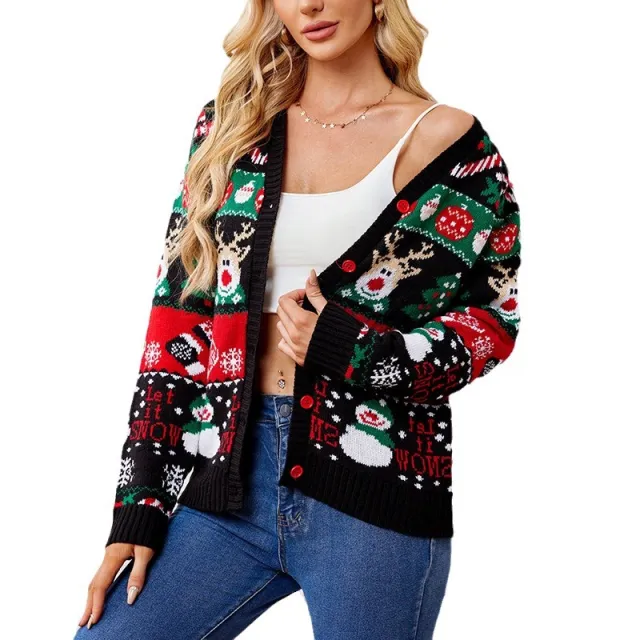 Loose Knitted Cardigan Sweater Coat Women's Casual Long sleeved Christmas Sweater Black - Shop at LoveMi