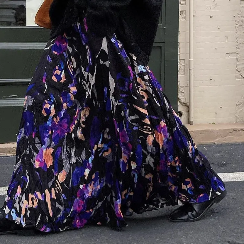 Vintage Crumpled Design Sense Niche Floral Skirt - Black