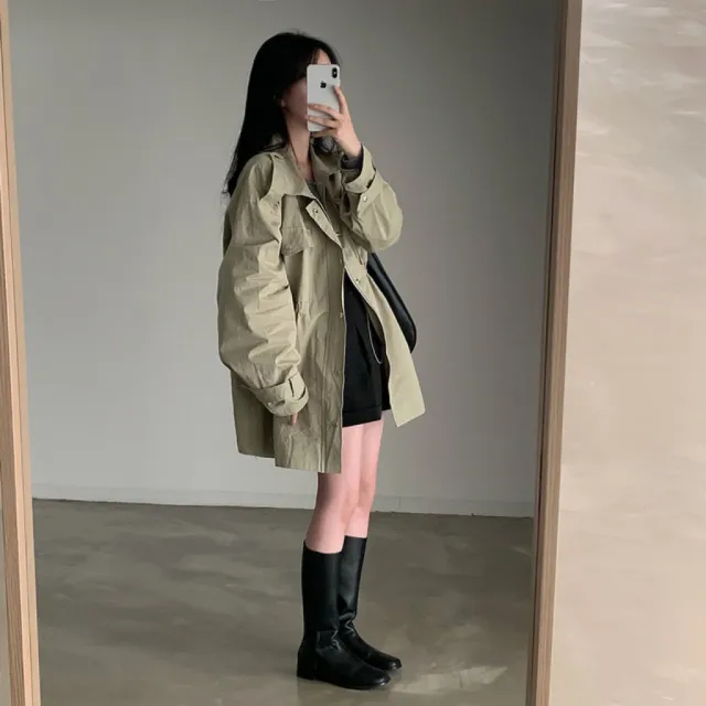 Chic Autumn Idle Style Mid length Loose Single breasted Lapel Overall Trench Coat Green - Shop at LoveMi