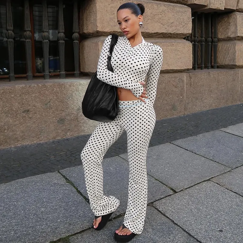Cardigan With Dots Hooded Top Low Waist Contrast Color Trousers Suit - White