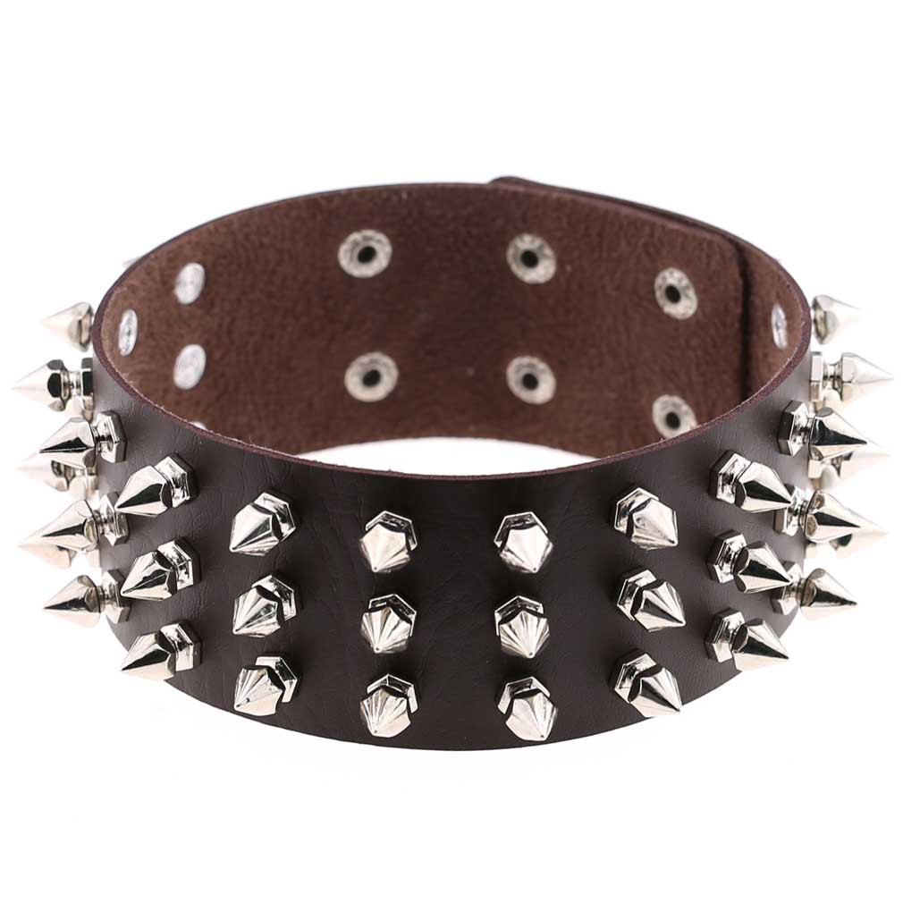 Title 10, Three-row tapered rivet leather necklace