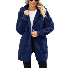 Cardigan Plaid Jacquard Hooded Pocket Plush Cardigan Jacket - Blue - View 1