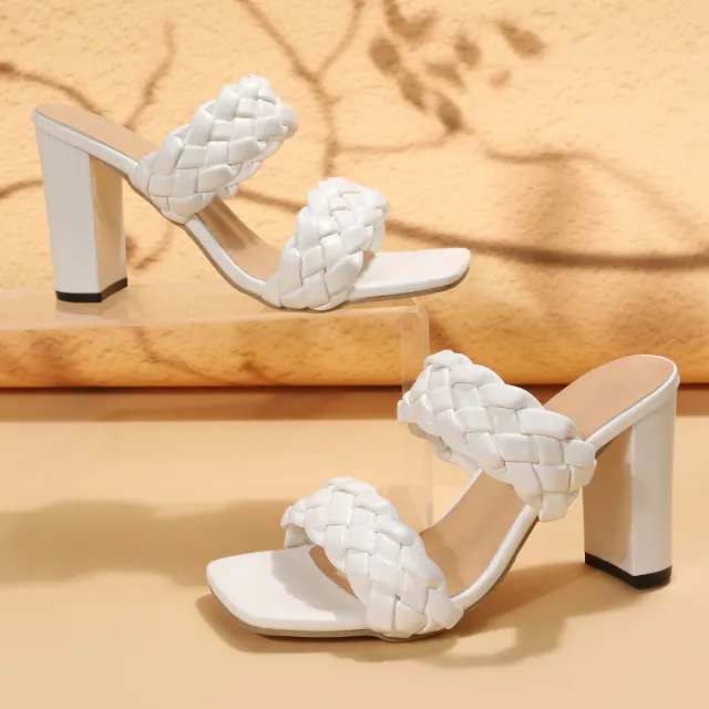 Square Toe Flip flops Chunky Heel Woven Twisted Slippers White - Shop at LoveMi