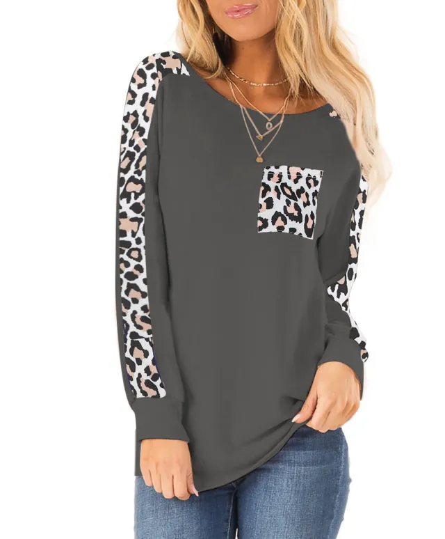 Long Sleeve Leopard Splicing Top Pocket Round Neck Pullover Leopard - Shop at LoveMi