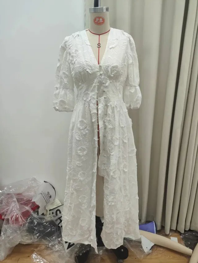V neck Puff Sleeve Dress White Embroidered Women White - Shop at LoveMi