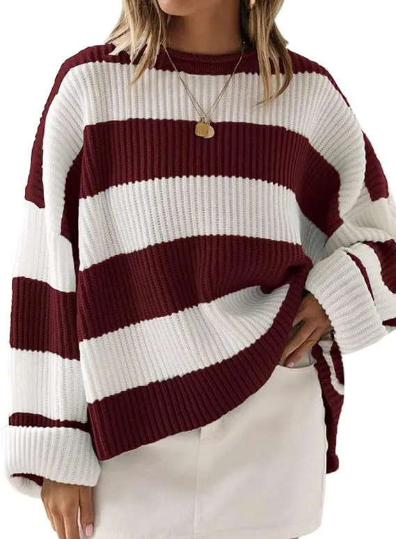 Women's Bell Sleeve Loose Sweater Striped Red - Shop at LoveMi