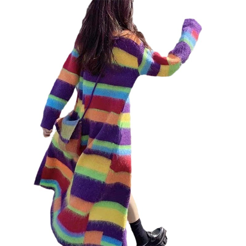 Fashion Slimming Candy Color Coat Retro Lazy Style Rainbow Striped Cardigan Sweater