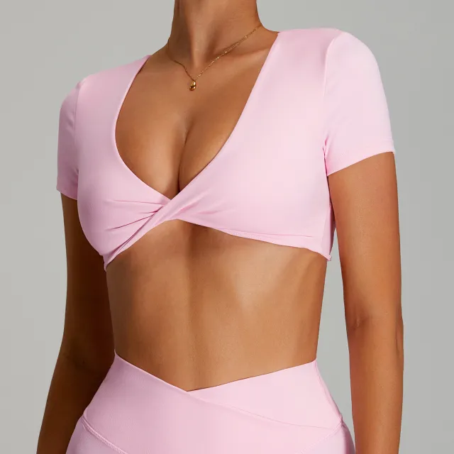 European And American Quick drying Backless Women's Sexy Yoga Short Sleeve Cherry Blossom Pink - Shop at LoveMi