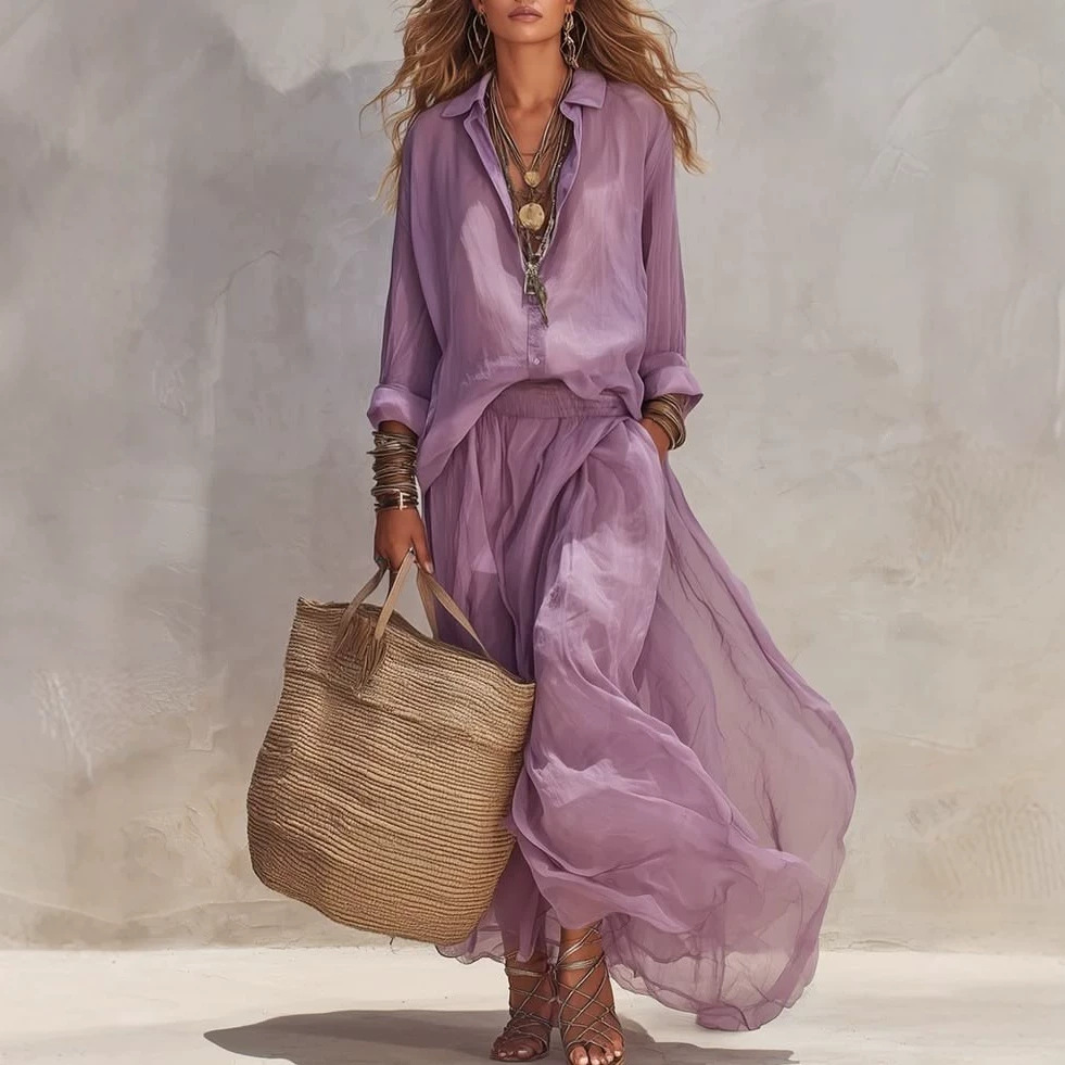 Loose-fitting Lapel Blouse And Skirt Two-piece Set