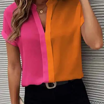 Women's Summer V neck Color block Short sleeved Shirt Orange - Shop at LoveMi