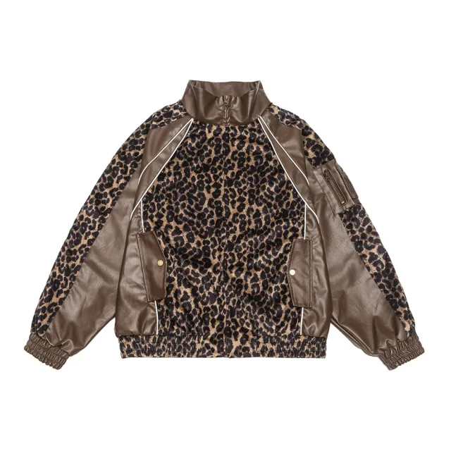 Leopard Splicing PU Leather Jacket Coat Brown - Shop at LoveMi