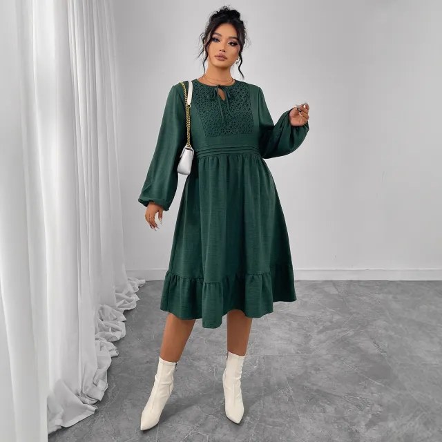 Patchwork Design Loose Bubble Sleeve Hollow out High waist Long Dress Green - Shop at LoveMi