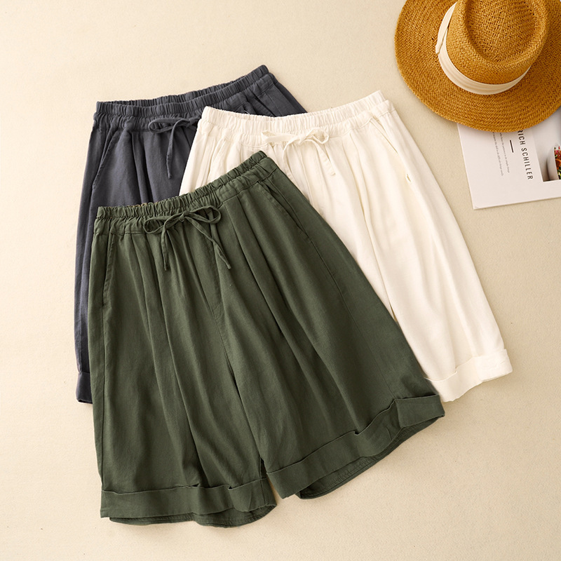 Simple Solid-Color Drawstring Elastic-Waist Shorts For Women