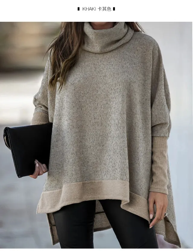 New Bat Sleeve Loose Turtleneck Sweater Khaki - Shop at LoveMi
