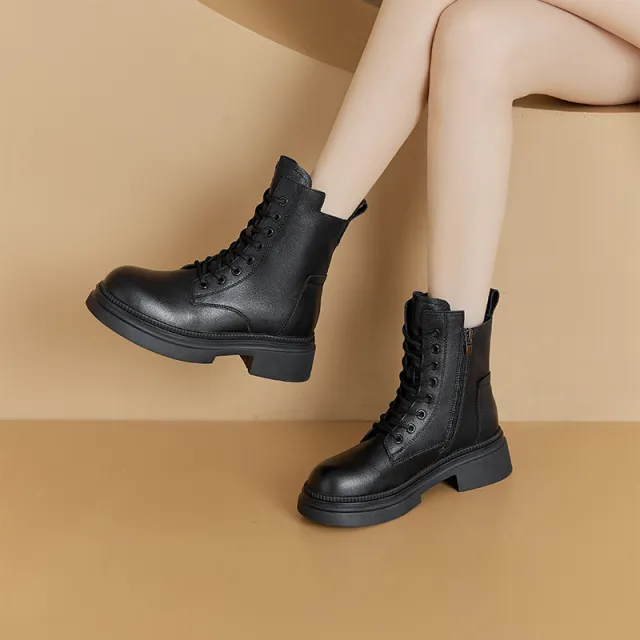 Retro Genuine Leather Martin Boots Women Korean Version Thick Sole Red - Shop at LoveMi